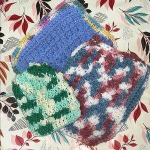 Handmade Crochet wash cloths and draw string bag for soap slivers. In blue green